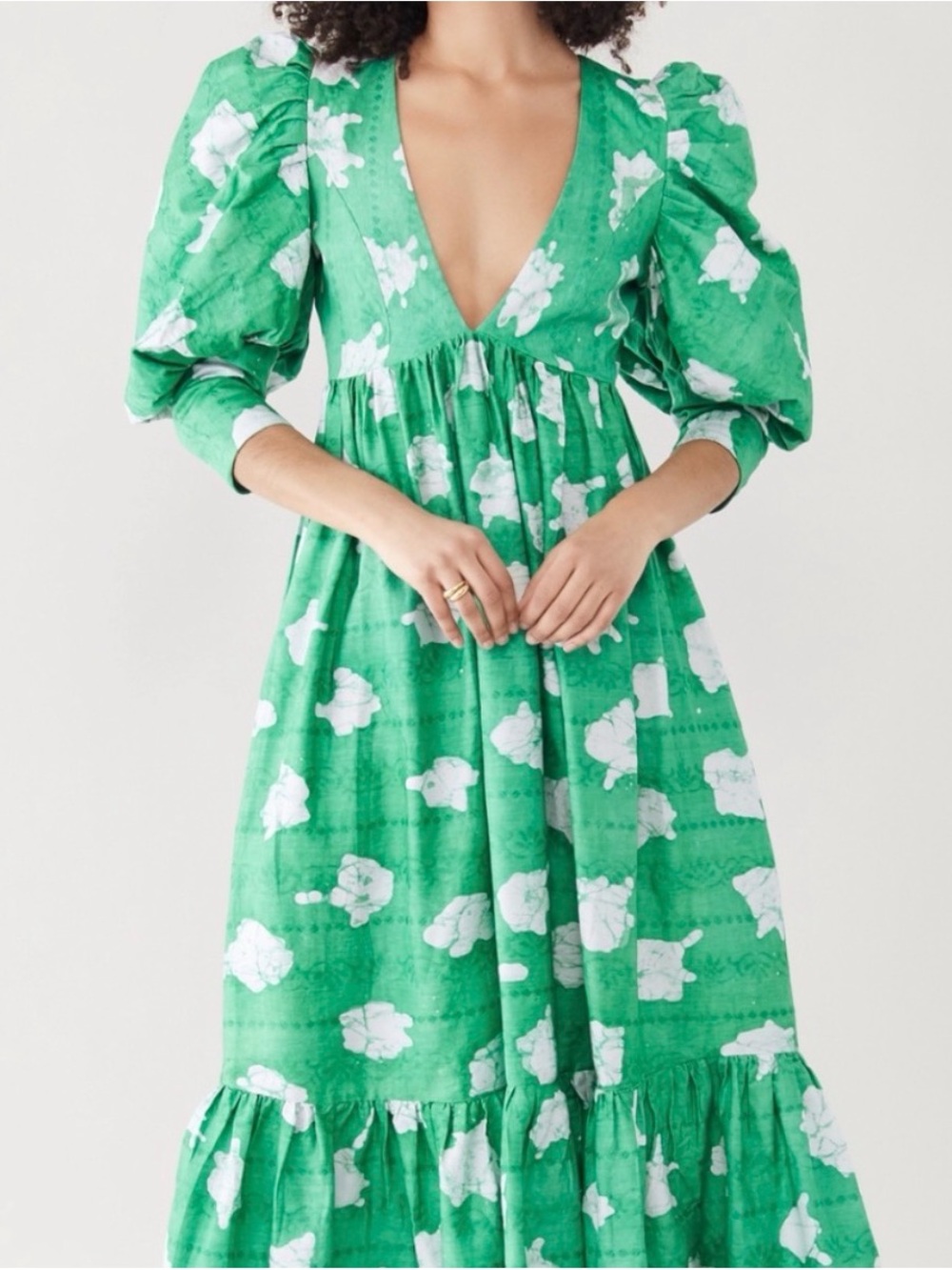 Busayo Gbenga Swing Dress Green Tie-Dye Print Puff Sleeve L
